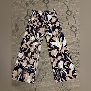 Maeve Black, Tan & White Wide-Leg Floral Wide-Leg Pants